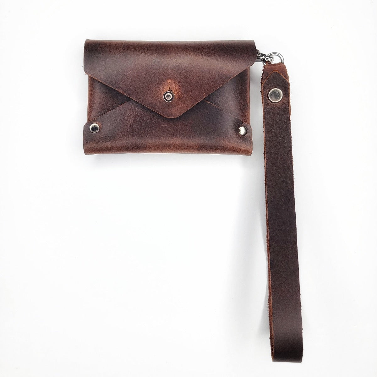 Handmade brown leather wristlet wallet with chrome Sam Browne button with cash compartment by Echo Six Designs