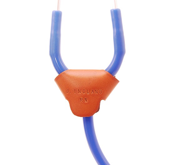 Tan leather stethoscope identification tag wrapped around a blue 3M Littmann Classic III Stethoscope