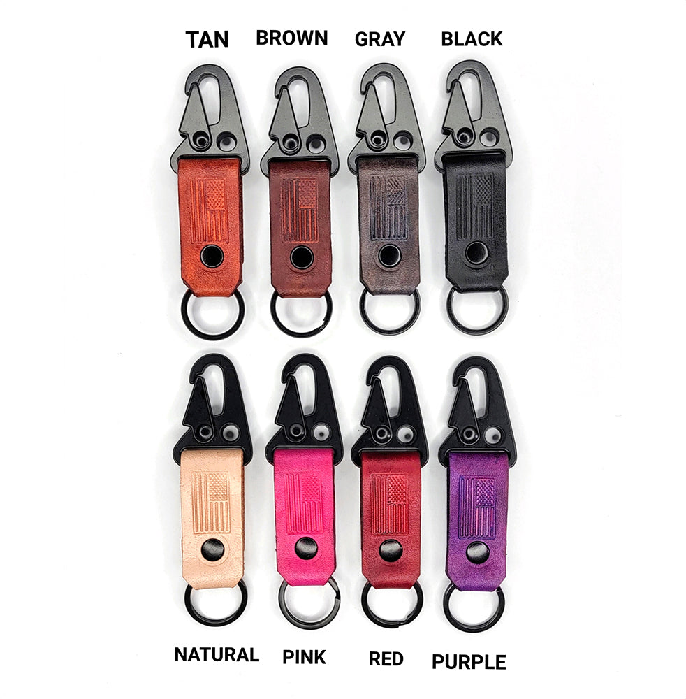 Tactical Leather Keychain Color Swatches in various colors including black, gray, brown, tan, natural, pink, red, and purple