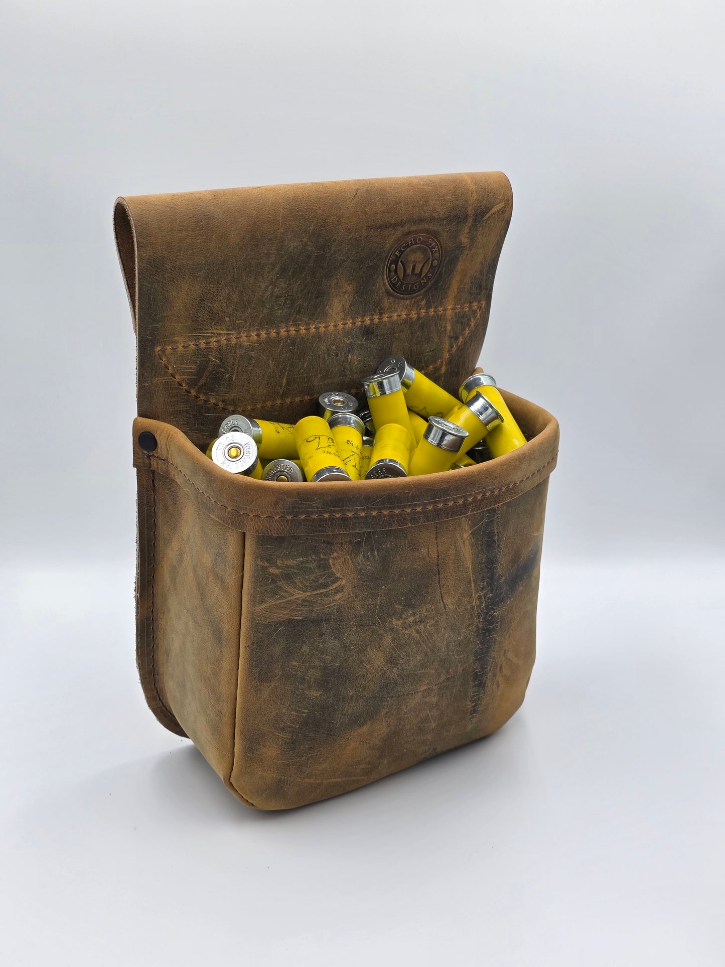 Handmade Leather Shotgun Shell Bag Distressed - Shooting Pouch for Trap, Skeet & Sporting Clays – Fits 2.5” Belt - 100 20ga Shell Capacity