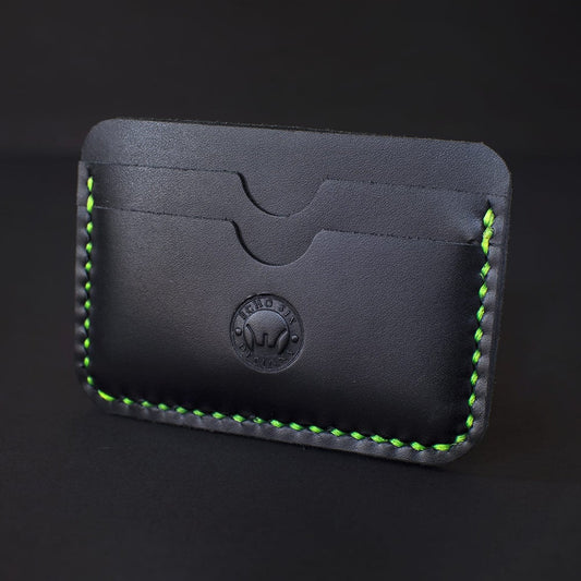 Handmade black full grain leather 5 pocket slim wallet, a stylish and compact accessory for organizing cards and cash