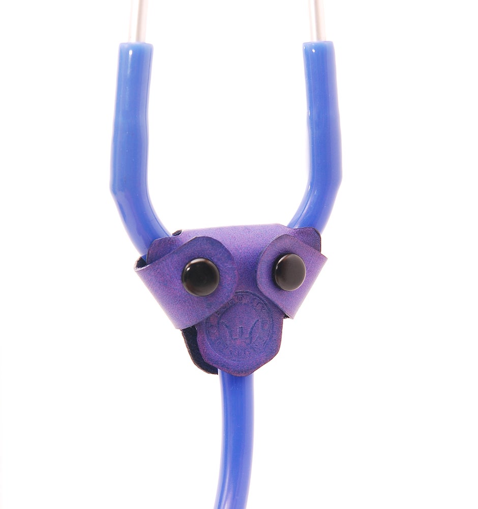 Purple leather stethoscope identification tag wrapped around a blue 3M Littmann Classic III Stethoscope